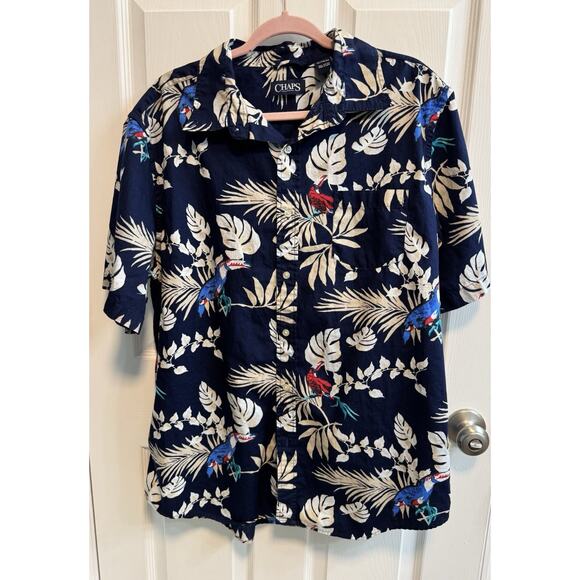 Chaps XL Men’s Button Up Shirt Blue Floral Birds Hawaiian Pocket Short Sleeve - Picture 1 of 9